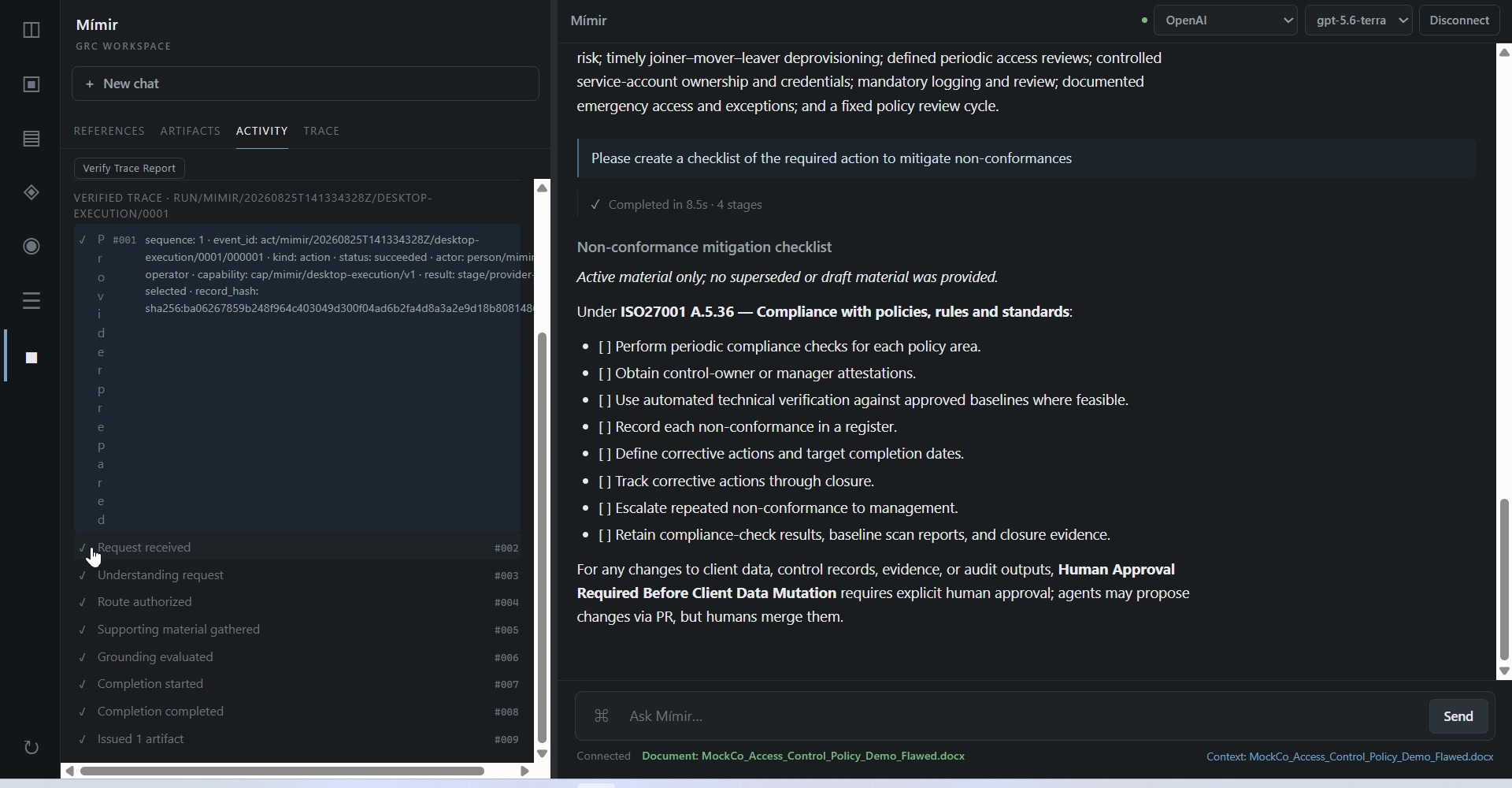 Mimir workspace showing artifact and activity records linked to an operational GRC task.
