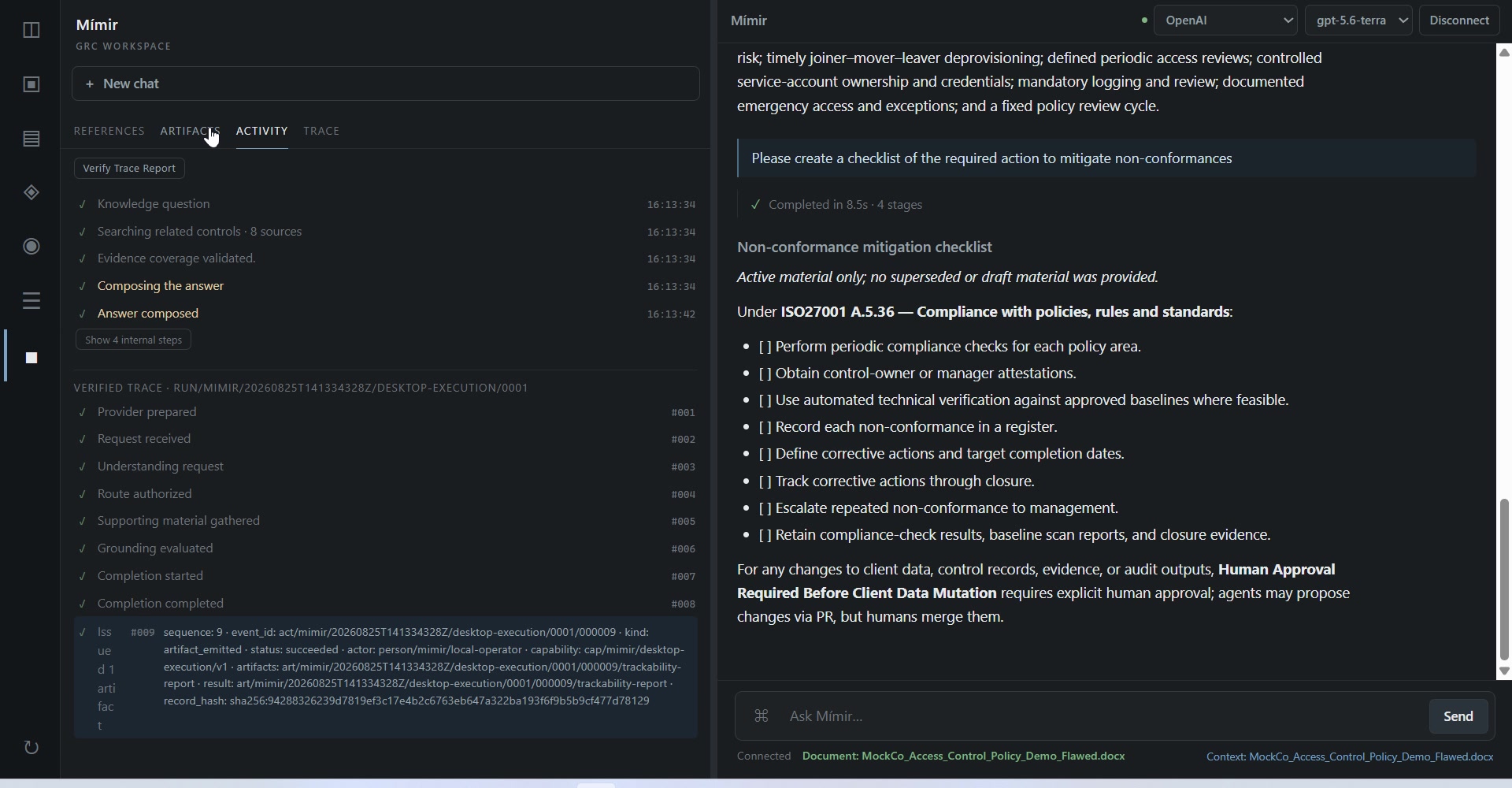 Mimir workspace showing a verified execution trace and the stages behind a remediation checklist.