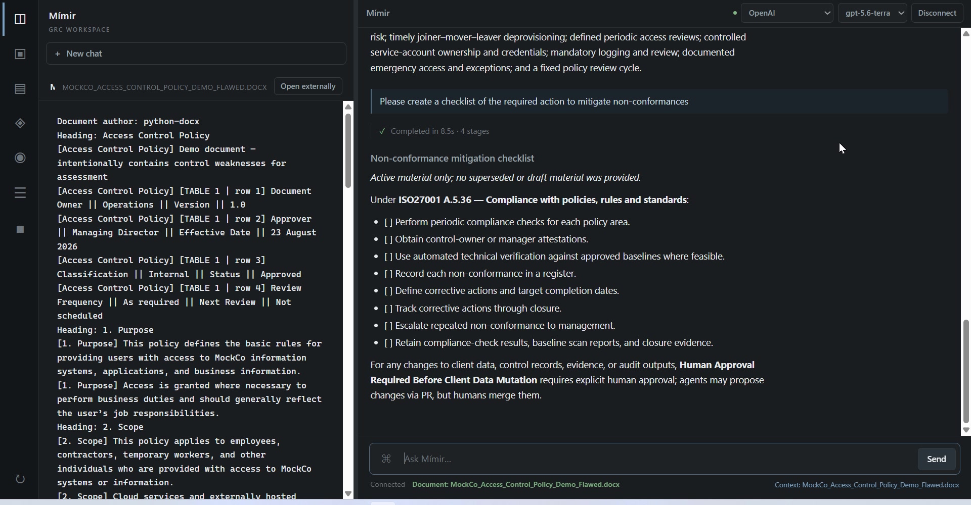 Mimir workspace showing a non-conformance mitigation checklist with human approval requirements.