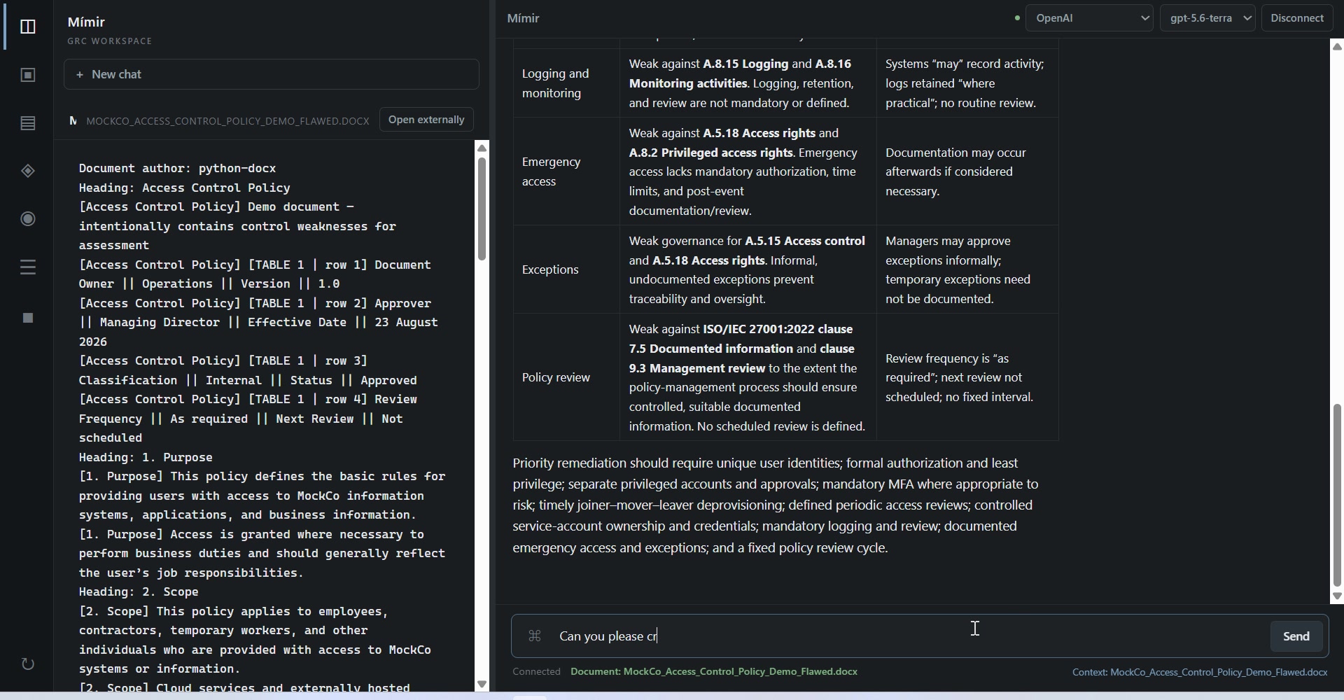 Mimir workspace showing a policy assessment with requirement-specific weaknesses and remediation priorities.